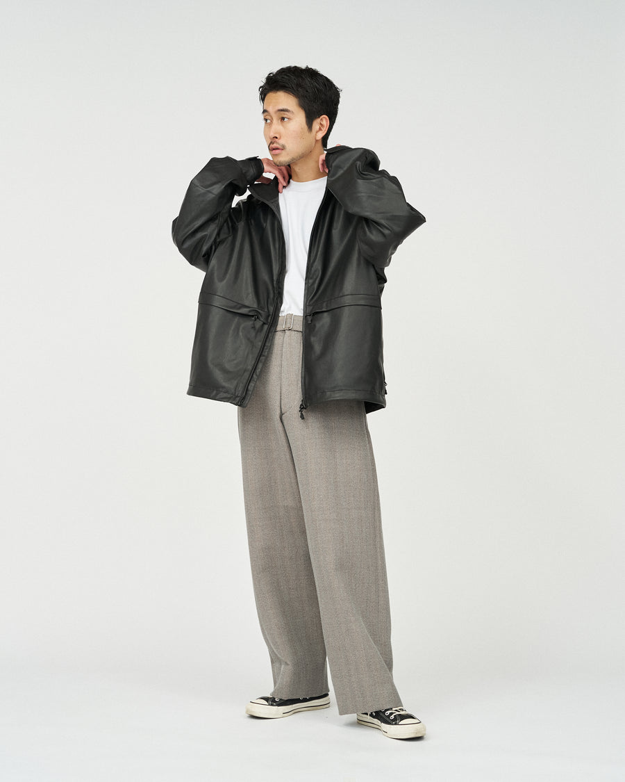 STRUCTED DIAGONAL MELANGE WOOL DEAD STOCK BELTED MIL BAGGY TROUSER
