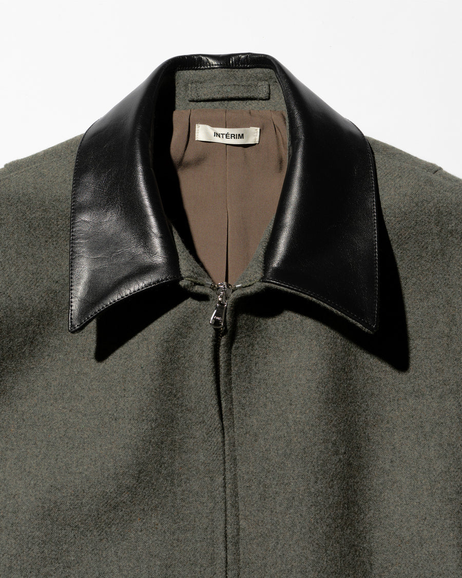 HEAVY DOUBLE FACED MELANGE WOOL FELT DEADSTOCK LEATHER COLLAR HARRINGTON JACKET