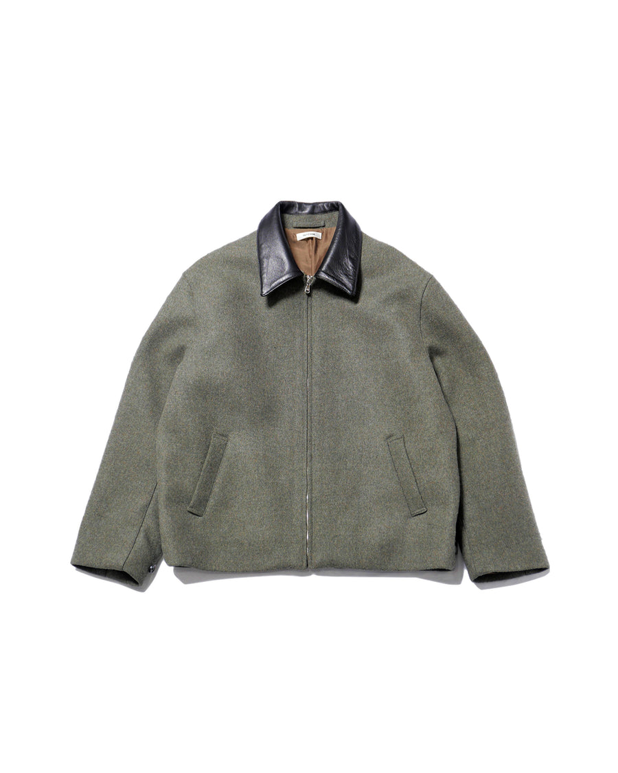 HEAVY DOUBLE FACED MELANGE WOOL FELT DEADSTOCK LEATHER COLLAR HARRINGTON JACKET